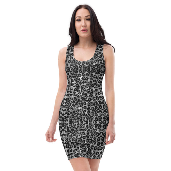 Grey Leopard Animal Print Dress, Leopard Animal Print Women's Designer Sleeveless Best Dress, Designer Bestselling Premium Quality Women's Sleeveless Dress-Made in USA (US Size: XS-XL)