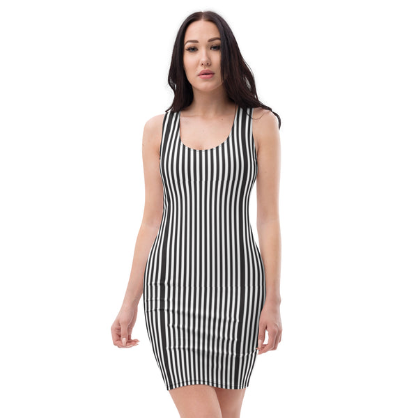 Black White Striped Sleeveless Dress, White and Black Best Classic Vertically Striped Women's Long Sleeveless Designer One-Piece Dress Party Clothing For Women - Made in USA/ Europe (US Size: XS-XL)