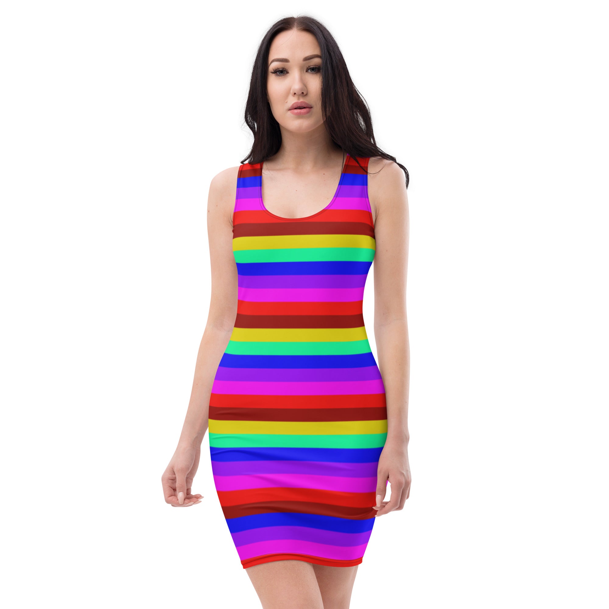 Pride Rainbow Striped Dress, Horizontal Rainbow Stripe Pride Dress For Women - Made in USA/EU | Heidikimurart Limited Pride Rainbow Striped Dress, Horizontal Rainbow Stripe Pride Dress For Women - Made in USA/EU | Heidikimurart Limited