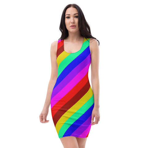 Gay Pride Best Designer Dress, Gay Pride Friendly Festival Vibe Colorful Striped Rainbow Print Printed Designer Women's Long Sleeveless Designer Premium Dress - Made in USA/MX/EU (US Size: XS-XL)