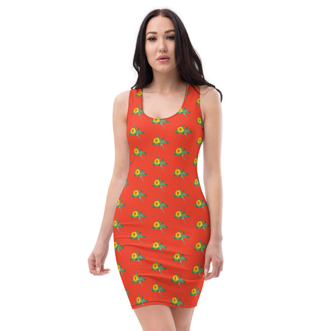 Red Sunflower Floral Print Dress, Sunflower Print Cute Designer Bestselling Premium Quality Flower Printed Women's Sleeveless Dress-Made in USA/EU/MX (US Size: XS-XL)