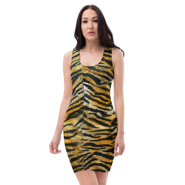 Orange Tiger Stripes Dress, Best Orange Bengal Tiger Striped Animal Print Women's Sleeveless 1-pc  Designer Premium Quality Long Best Women's Tank Dress - Made in USA/ Europe/ Mexico (US Size: XS-XL)