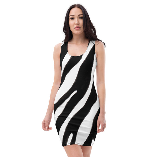 White Black Zebra Striped Dress, Animal Print Printed Designer Women's Long Sleeveless Designer Premium Dress - Made in USA/MX/EU (US Size: XS-XL)