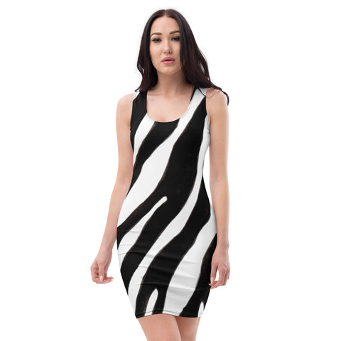 White Black Zebra Striped Dress, Animal Print Printed Designer Women's Long Sleeveless Designer Premium Dress - Made in USA/MX/EU (US Size: XS-XL)