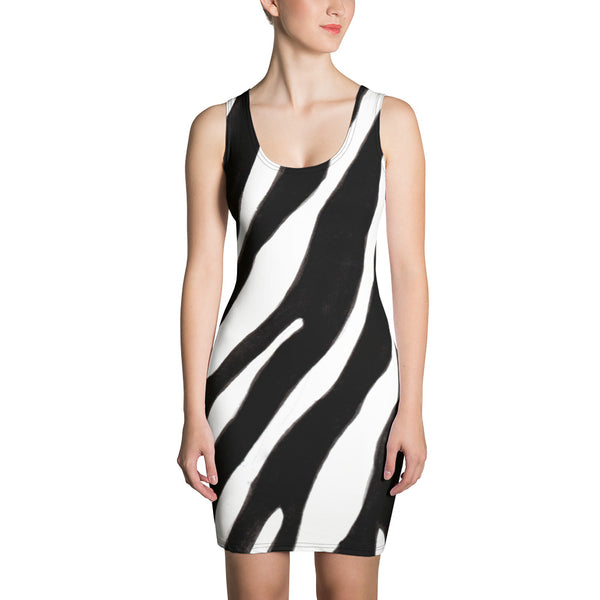 White Black Zebra Striped Dress, Animal Print Printed Designer Women's Long Sleeveless Designer Premium Dress - Made in USA/MX/EU (US Size: XS-XL)