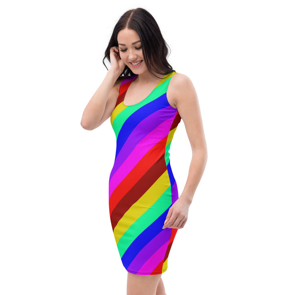 Gay Pride Best Designer Dress, Gay Pride Friendly Festival Vibe Colorful Striped Rainbow Print Printed Designer Women's Long Sleeveless Designer Premium Dress - Made in USA/MX/EU (US Size: XS-XL)