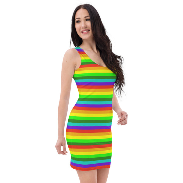 Gay Pride Best Designer Dress, Striped Rainbow Print Printed Designer Women's Long Sleeveless Designer Premium Dress - Made in USA/MX/EU (US Size: XS-XL)