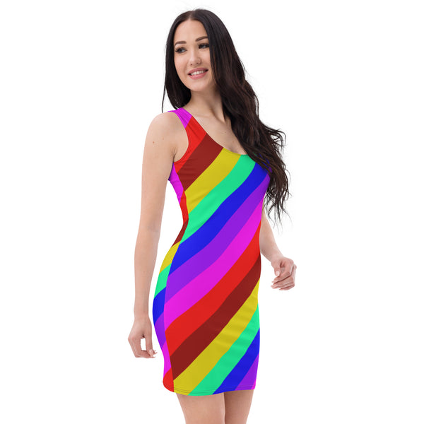 Gay Pride Best Designer Dress, Gay Pride Friendly Festival Vibe Colorful Striped Rainbow Print Printed Designer Women's Long Sleeveless Designer Premium Dress - Made in USA/MX/EU (US Size: XS-XL)