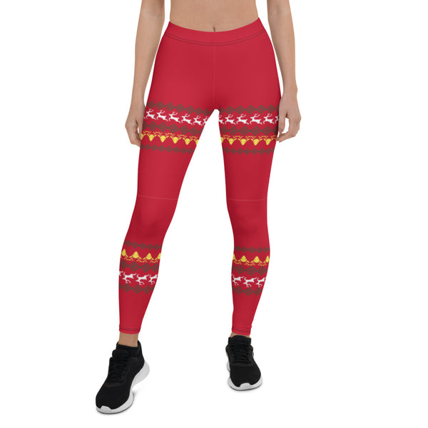 Christmas Women's Reindeer Casual Leggings, Red Festive Xmas Holiday Colorful Best Print Long Tights, Women's Long Dressy Casual Fashion Leggings/ Running Tights - Made in USA/ EU/ MX (US Size: XS-XL)