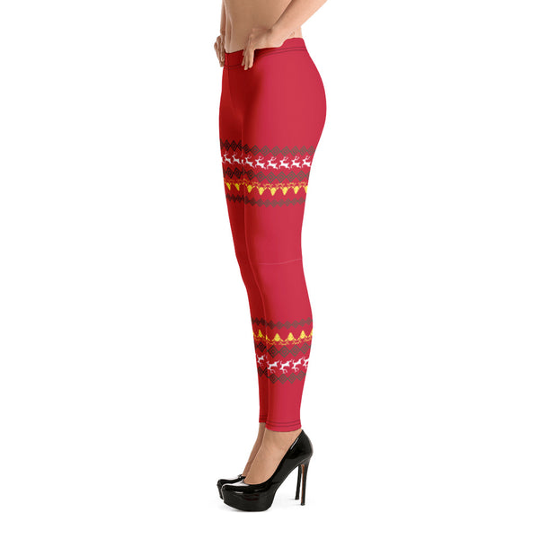 Christmas Women's Reindeer Casual Leggings, Red Festive Xmas Holiday Colorful Best Print Long Tights, Women's Long Dressy Casual Fashion Leggings/ Running Tights - Made in USA/ EU/ MX (US Size: XS-XL)