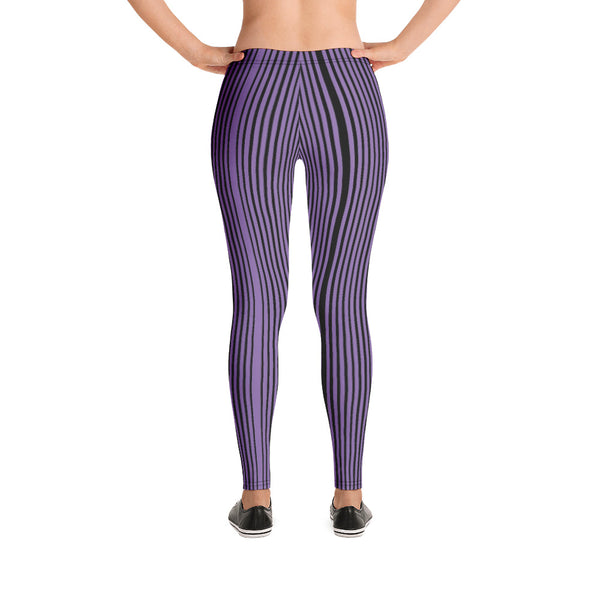 Purple Striped Casual Leggings - Heidikimurart Limited  Purple Striped Casual Leggings, Modern Long Vertical Striped Casual Tights Modern Essential Women's Long Tights, Women's Long Dressy Casual Fashion Leggings/ Running Tights - Made in USA/ EU/ MX (US Size: XS-XL)
