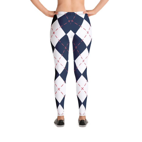 Blue White Plaid Print Leggings