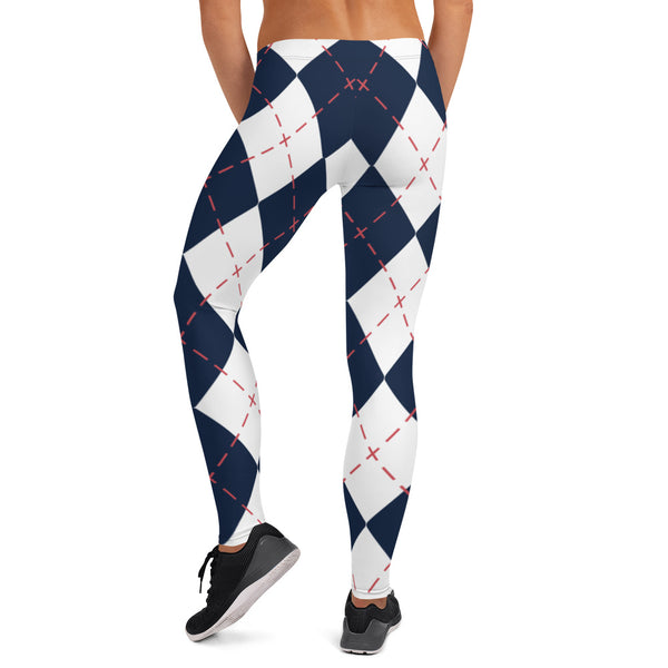 Blue White Plaid Print Leggings