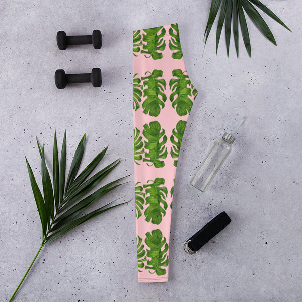 Pink Tropical Leaf Leggings - Heidikimurart Limited 