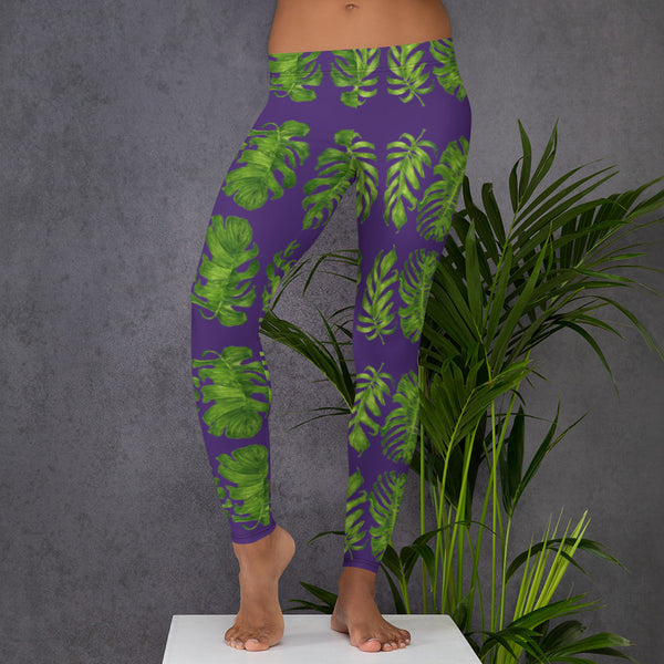 Purple Green Tropical Leaf Leggings - Heidikimurart Limited 