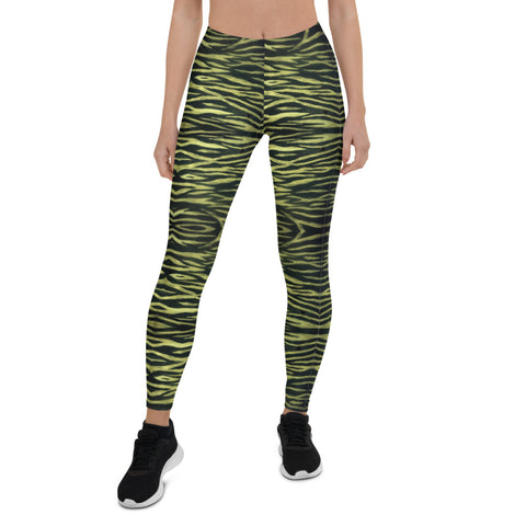 Yellow Tiger Striped Casual Leggings, Animal Print Tiger Stripes Women's Long Tights, Women's Long Dressy Casual Fashion Leggings/ Running Tights - Made in USA/ EU/ MX (US Size: XS-XL)