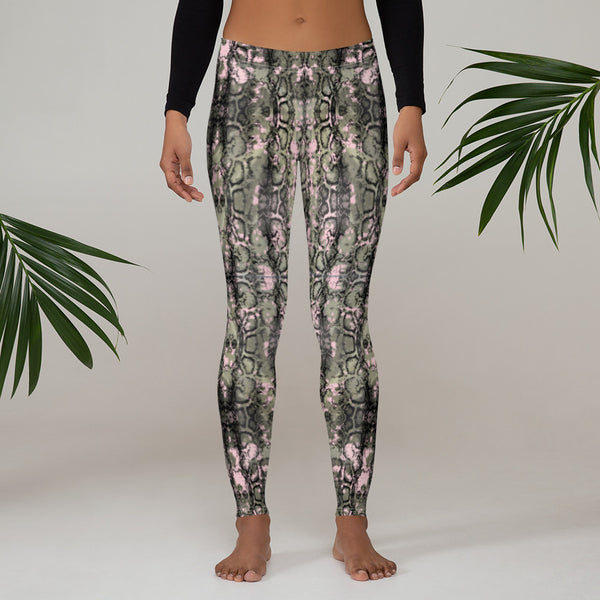 Green Snakeprint Women's Leggings, Snake Print Python Best Long Tights, Women's Long Dressy Casual Fashion Leggings/ Running Tights - Made in USA/ EU/ MX (US Size: XS-XL)