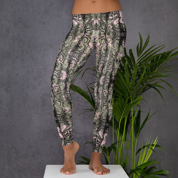 Green Snakeprint Women's Leggings, Snake Print Python Best Long Tights, Women's Long Dressy Casual Fashion Leggings/ Running Tights - Made in USA/ EU/ MX (US Size: XS-XL)