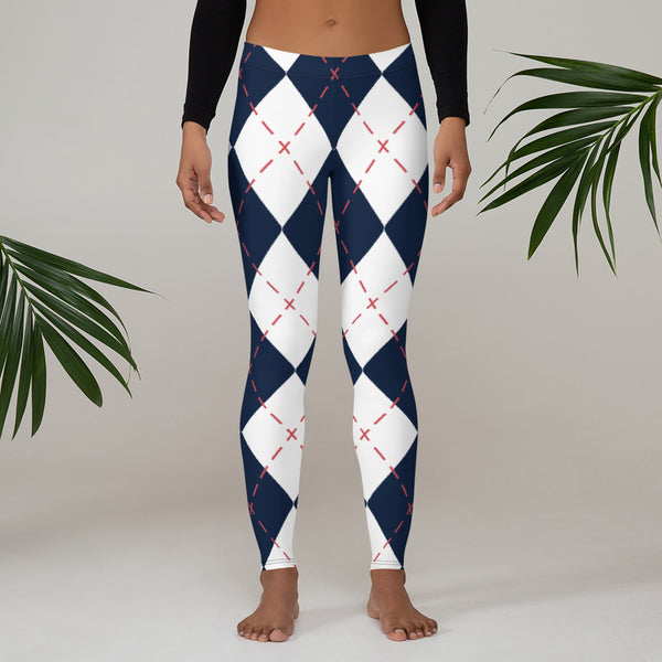 Blue White Plaid Print Leggings