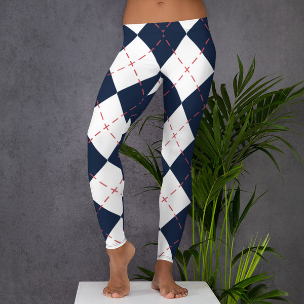 Blue White Plaid Print Leggings