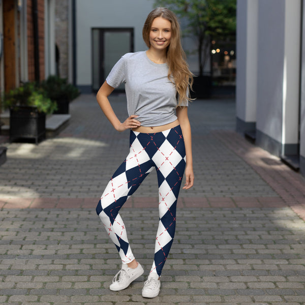 Blue White Plaid Print Leggings