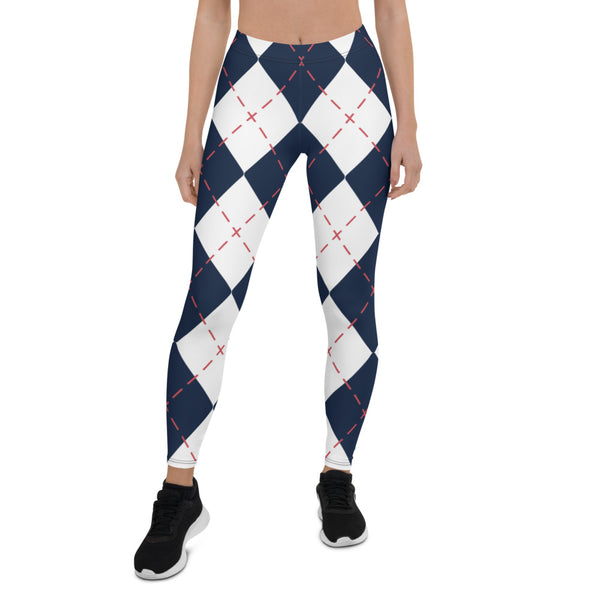 Blue White Plaid Print Leggings