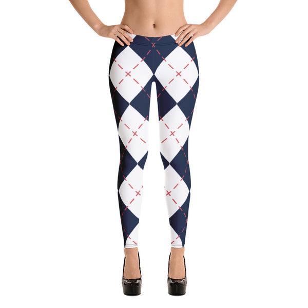 Blue White Plaid Print Leggings