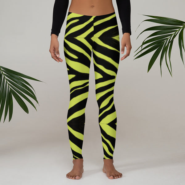 Yellow Zebra Print Women's Leggings, Animal Zebra Stripes Print Women's Casual Long Tights, Women's Long Dressy Casual Fashion Leggings/ Running Tights - Made in USA/ EU/ MX (US Size: XS-XL)