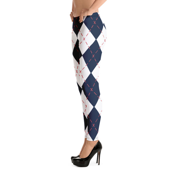 Blue White Plaid Print Leggings