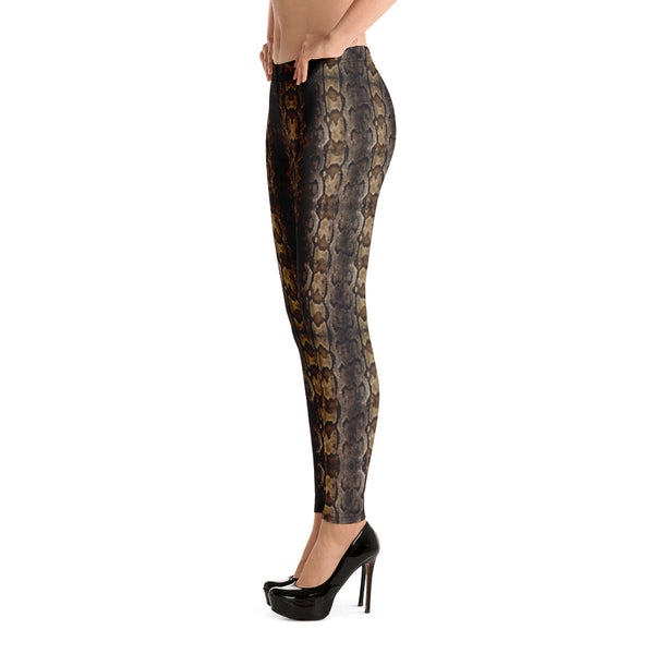 Brown Snake Print Women's Leggings, Dark Brown Snake Print Python Fashion Long Casual Tights-Made in USA/EU/MX