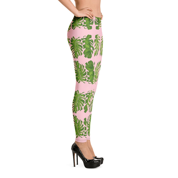 Pink Tropical Leaf Leggings - Heidikimurart Limited 