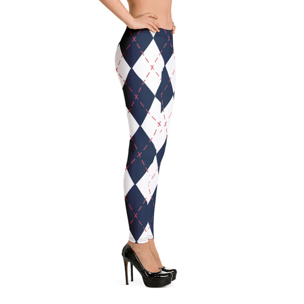 Blue White Plaid Print Leggings