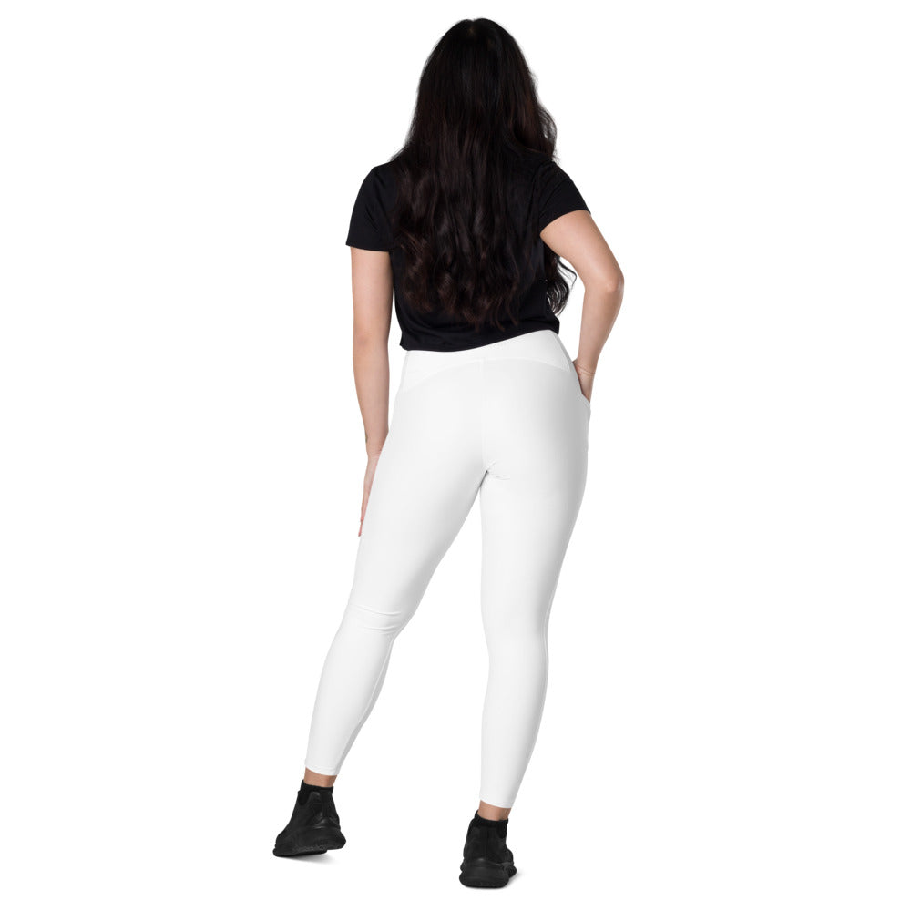 White Color Women's Tights, White Modern Simple Essential Solid Color Best Women's 7/8 Leggings Yoga Pants With 2 Side Deep Long Pockets - Made in USA/EU/MX (US Size: 2XS-6XL) Plus Size Available