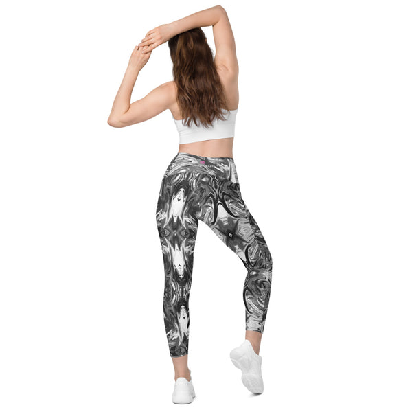 Black White Marbled Women's Tights, 7/8 Leggings with pockets