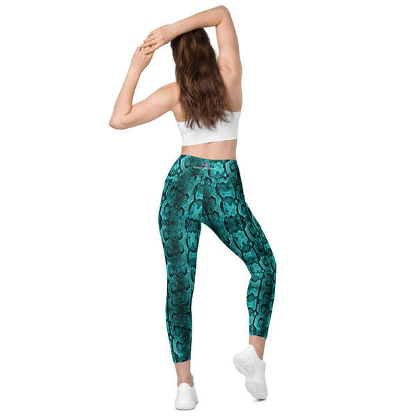 Turquoise Blue Snake Print Tights, Snake Skin Python Printed Best Women's 7/8 Leggings Yoga Pants With Pockets - Made in USA/EU/MX (US Size: 2XS-6XL)