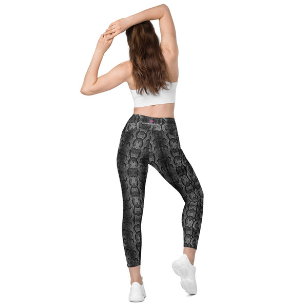 Grey Snake Print Tights, Grey Snake Skin Python Printed Best Women's 7/8 Leggings Yoga Pants With 2 Large & Deep Long Side Pockets - Made in USA/EU/MX (US Size: 2XS-6XL) Plus Size Available