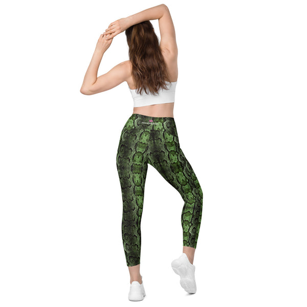 Bright Green Snake Print Tights, Green Snake Skin Python Printed Best Women's 7/8 Leggings Yoga Pants With 2 Large & Deep Long Side Pockets - Made in USA/EU/MX (US Size: 2XS-6XL) Plus Size Available