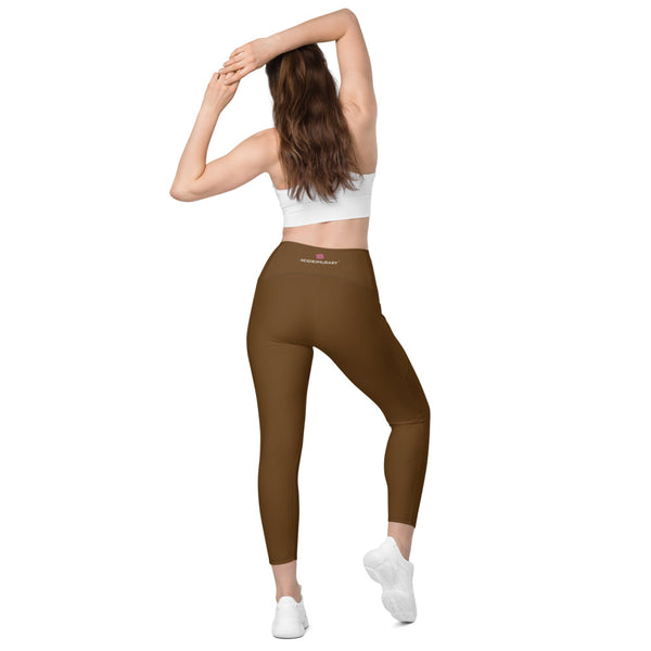 Dark Brown Color Women's Tights, Modern Dark Brown Simple Essential Solid Color Best Women's 7/8 Leggings Yoga Pants With 2 Side Pockets - Made in USA/EU/MX (US Size: 2XS-6XL) Plus Size Available