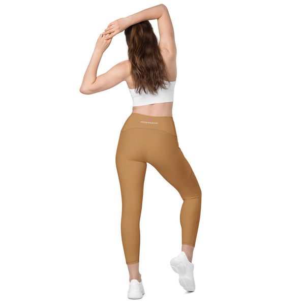 Sand Brown Color Women's Tights, Sand Brown Modern Simple Essential Solid Color Best Women's 7/8 Leggings Yoga Pants With 2 Side Deep Long Pockets - Made in USA/EU/MX (US Size: 2XS-6XL) Plus Size Available
