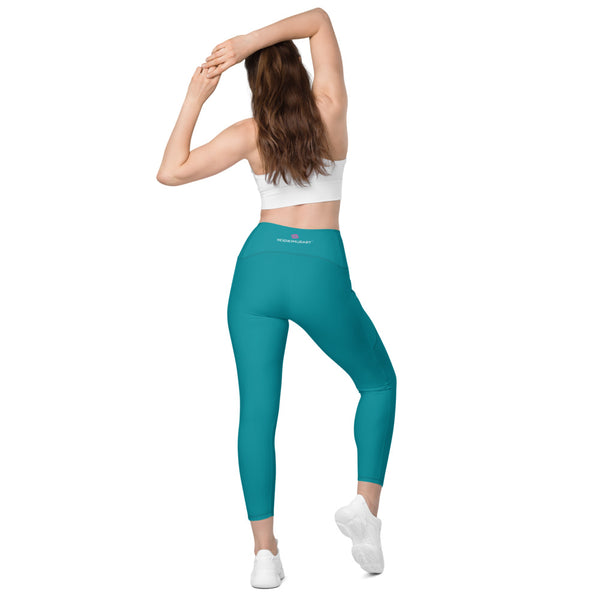 Turquoise Blue Color Women's Tights, Turquoise Blue Modern Simple Essential Solid Color Best Women's 7/8 Leggings Yoga Pants With 2 Side Deep Long Pockets - Made in USA/EU/MX (US Size: 2XS-6XL) Plus Size Available