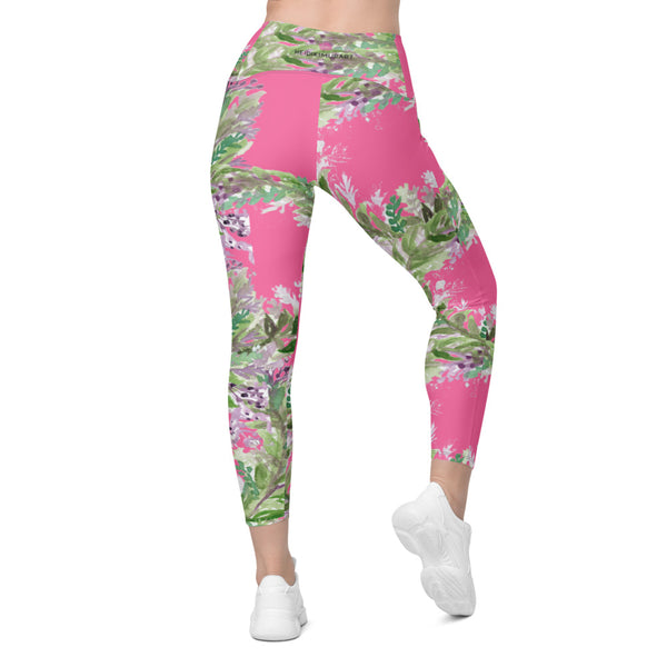 Pink Lavender Women's Tights, Floral Leggings with pockets