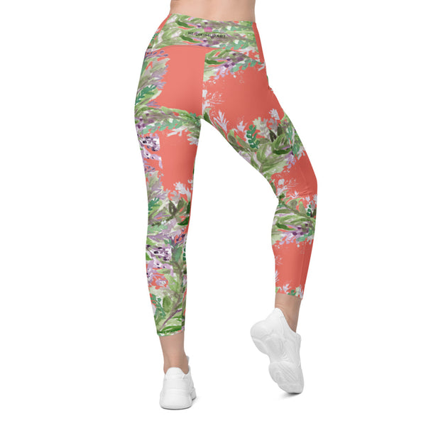 Peach Lavender Floral Tights, Flower Leggings with pockets