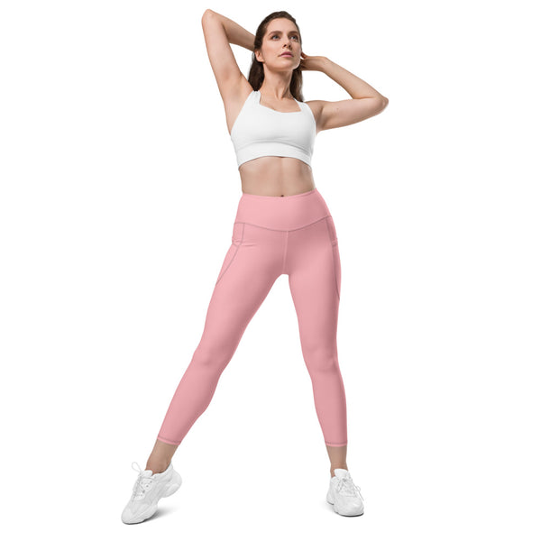 Light Pink Color Women's Tights, Pink Modern Simple Essential Solid Color Best Women's 7/8 Leggings Yoga Pants With 2 Side Deep Long Pockets - Made in USA/EU/MX (US Size: 2XS-6XL) Plus Size Available
