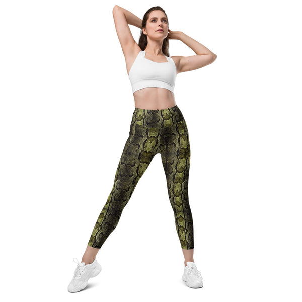 Light Green Snake Print Tights, Green Snake Skin Python Printed Best Women's 7/8 Leggings Yoga Pants With 2 Large & Deep Long Side Pockets - Made in USA/EU/MX (US Size: 2XS-6XL) Plus Size Available