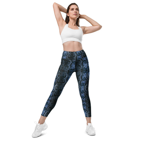 Dark Blue Snake Print Tights, Dark Blue Snake Skin Python Printed Best Women's 7/8 Leggings Yoga Pants With 2 Large & Deep Long Side Pockets - Made in USA/EU/MX (US Size: 2XS-6XL) Plus Size Available