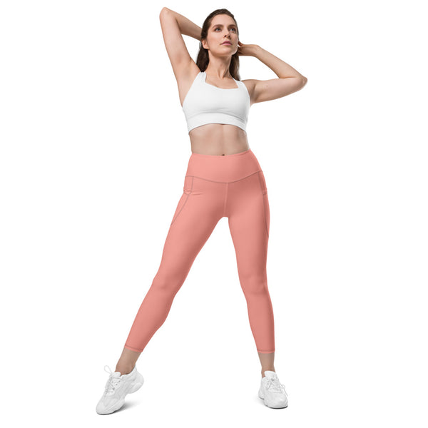 Pastel Pink Women's Tights, Solid Color Best Yoga Pants With 2 Side Deep Long Pockets - Made in USA/EU/MX (US Size: 2XS-6XL)