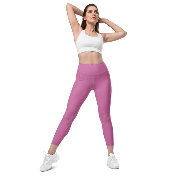 Baby Pink Color Women's Tights, Pink Modern Simple Essential Solid Color Best Women's 7/8 Leggings Yoga Pants With 2 Side Pockets - Made in USA/EU/MX (US Size: 2XS-6XL) Plus Size Available