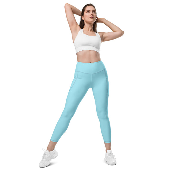 Pale Blue Color Women's Tights, Light Blue Modern Simple Essential Solid Color Best Women's 7/8 Leggings Yoga Pants With 2 Side Deep Long Pockets - Made in USA/EU/MX (US Size: 2XS-6XL) Plus Size Available
