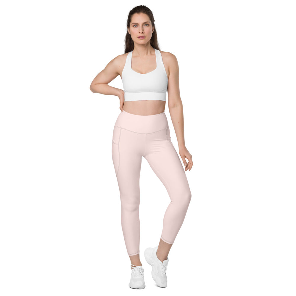 Pale Pink Color Women's Tights, Pink Modern Simple Essential Solid Color Best Women's 7/8 Leggings Yoga Pants With 2 Side Deep Long Pockets - Made in USA/EU/MX (US Size: 2XS-6XL) Plus Size Available
