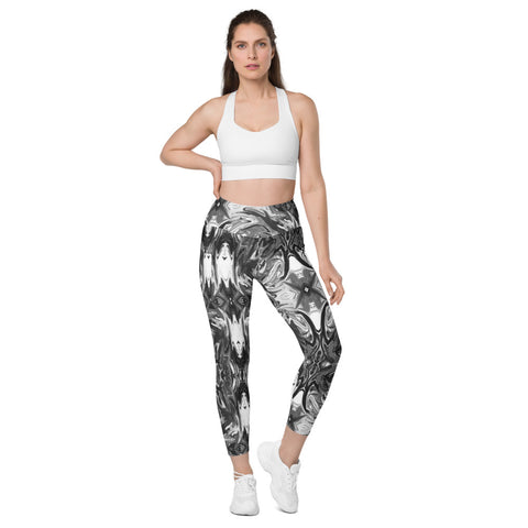 Black White Marbled Women's Tights, 7/8 Leggings with pockets